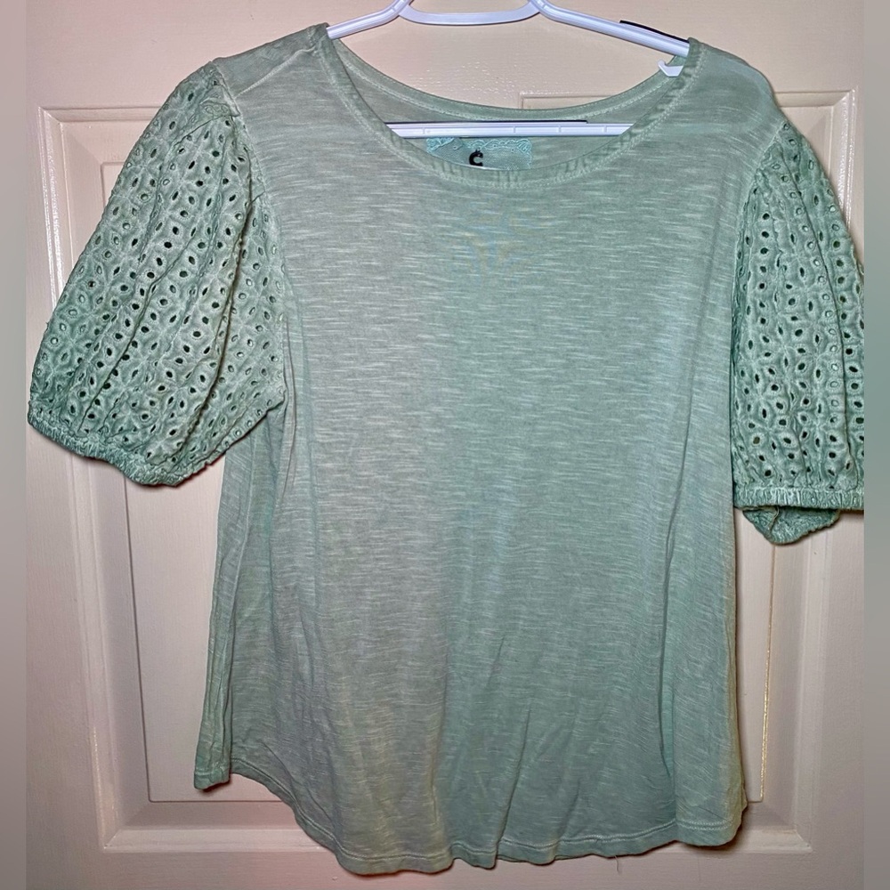 Cupio Puff Eyelet Sleeve Top Womens Green Boho Designer Stretch Casual L